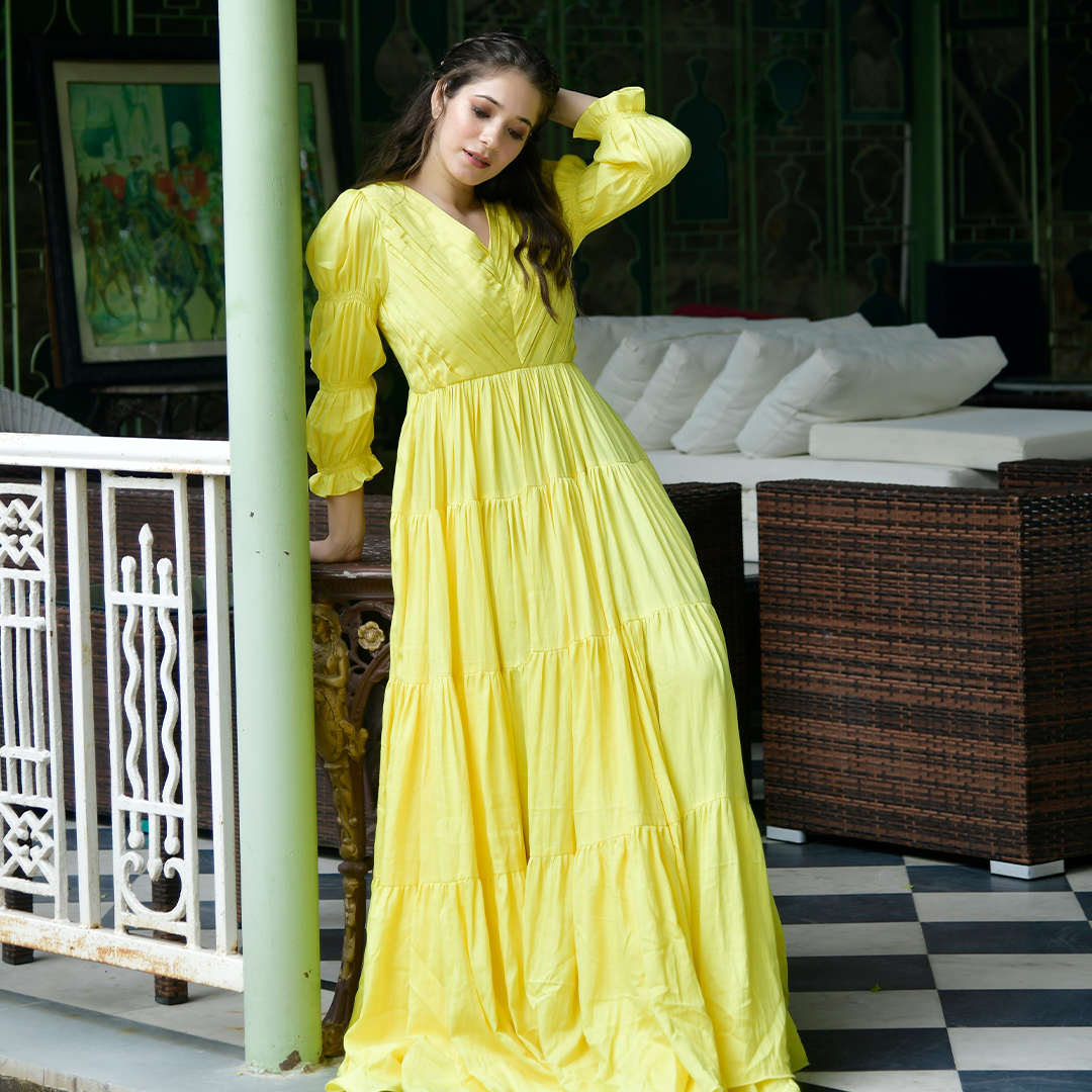 Rayon Printed Long Anarkali Gown, Full Sleeve, Yellow at Rs 780 in Surat